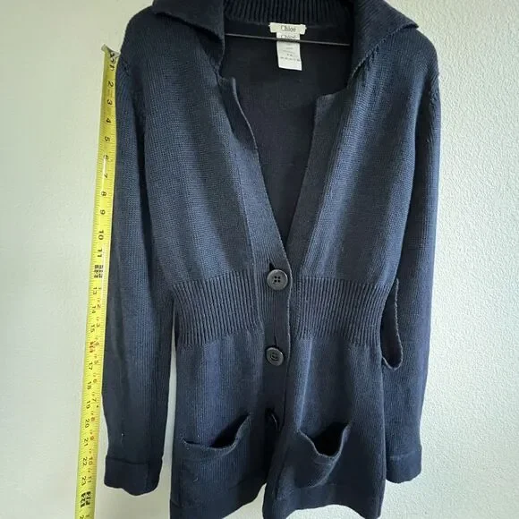 Chloe Linen Wool Long Cardigan Sweater Size M Navy Blue